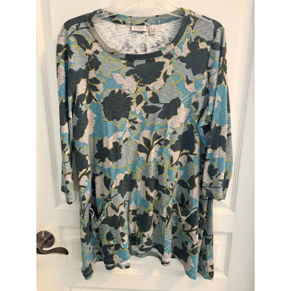 LOGO Lori Goldstein Lagenlook Top Floral Camo Green/Blue/Grey w/Pockets 1X